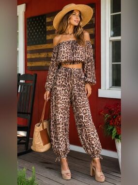M. Fredric Leopard Print Off-the-Shoulder Two-Piece Set | Boho